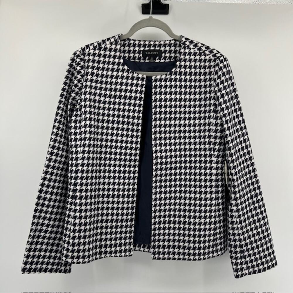 NEW Talbots Open Front Blazer Jacket Women 10 Navy Blue White Houndstooth Office